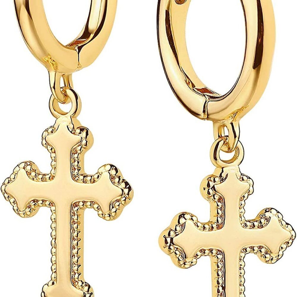 14k Gold Plated  Cross Small Huggie Hoop Earrings